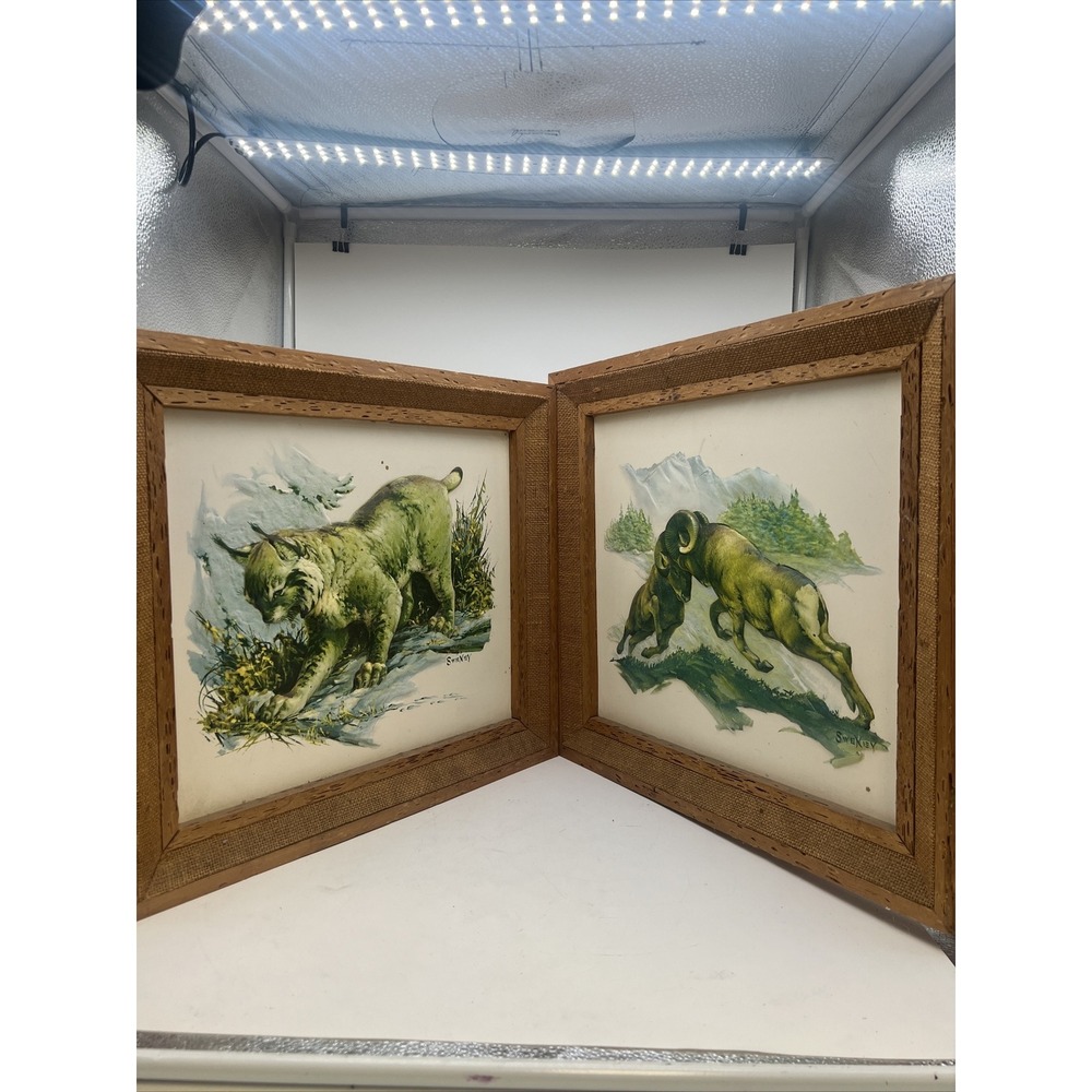 Fred Sweney Vintage Wooden framed 2 pictures Set. "3D effect" Rams Bobcat
